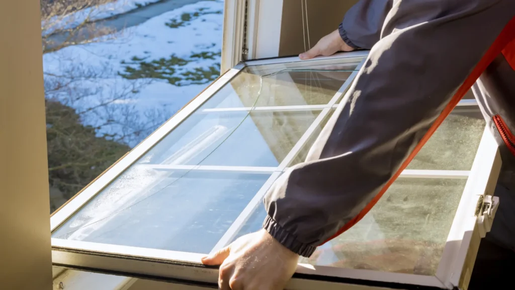 Worker lifting an old window sash with cracked glass out of its frame